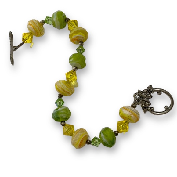 Handmade Green and Yellow Swarovski Crystal and Natural Stone Boho Bracelet - Picture 3 of 3